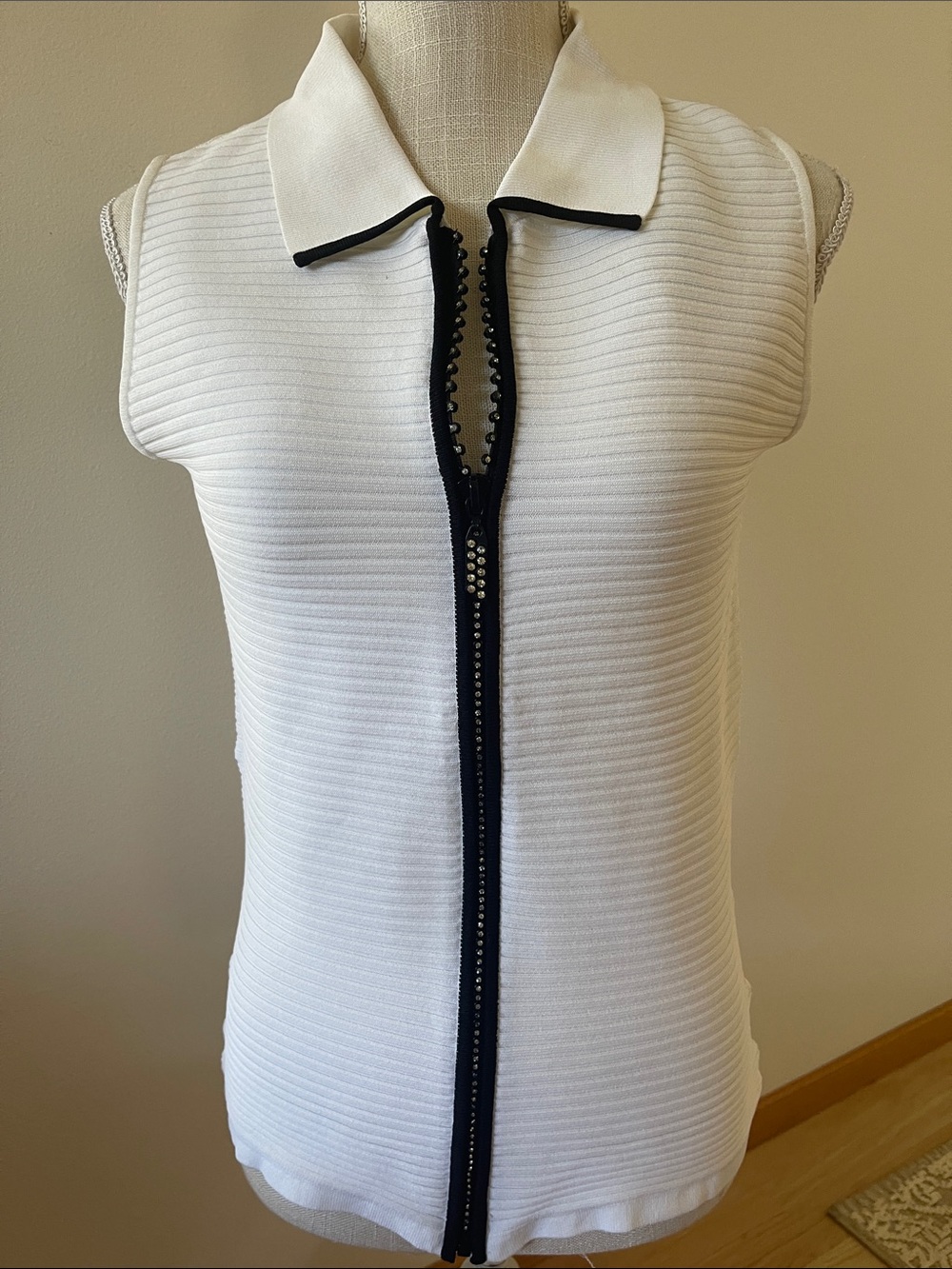 Belldini White Ribbed Sleeveless Polo Tank with Black Trim & Zip